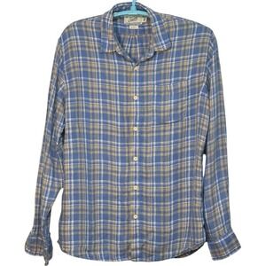 Grayers Clothiers Mens Shirt Long Sleeve Blue Plaid 100% Linen Summer Classic  L